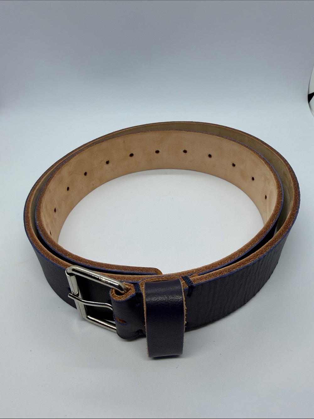 Vera Pelle Navy Leather Belt with Silver Buckle and Natural Lining - Picture 4 of 6